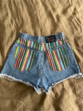 Vintage Rainbow Stripe Denim High Waisted Shorts